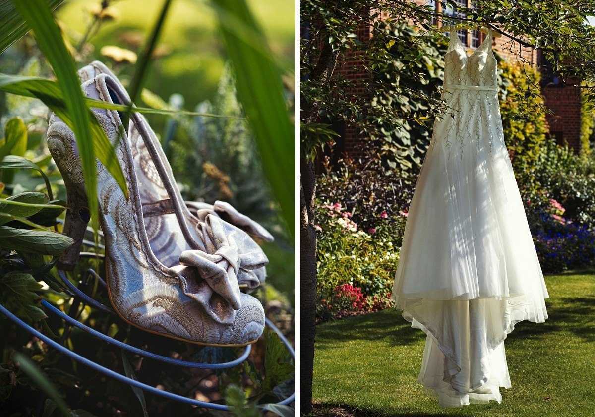 wedding dress and bride's shoes